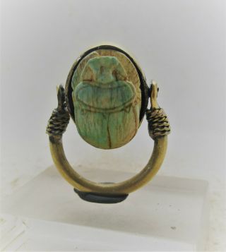 Ancient Egyptian Glazed Faience Scarab Ring Gold Gilded Ring