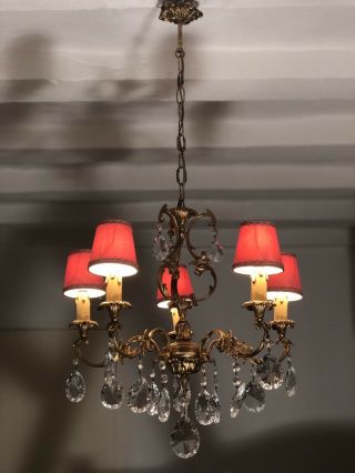 Vintage French Chandelier 5 Arm Crystal Ceiling Light With Matching Sconces