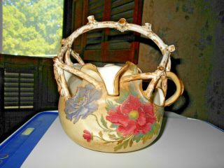 American Ott & Brewer Belleek Centerpiece Art Pottery Bowl Rare Branches Enamel