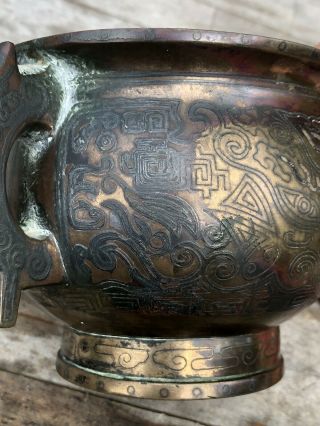 CHINESE BRONZE CENSER 18TH CENTURY SILVER INLAID SHISOU MARK TAOTIE DECORATION 11