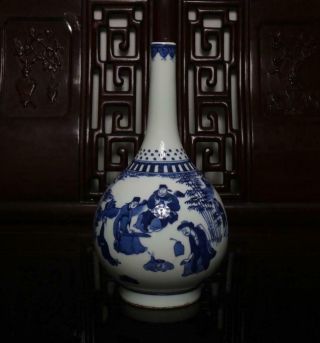 Old Rare Blue And White Chinese Porcelain Figure Bottle Vase Qianlong Mk H11.  81”
