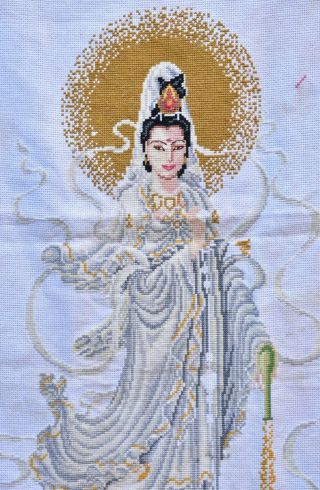 Antique / Vintage Chinese White Embroidered Textile / Fabric / Cloth w Guan Yin 3
