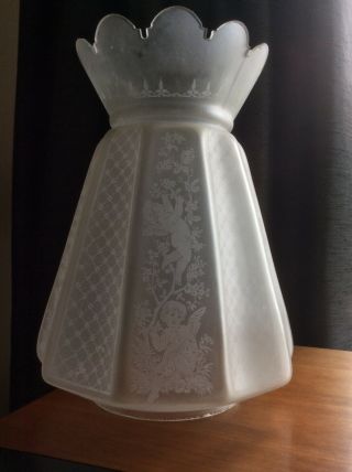 Early 1880s 10 - Panel Duplex Oil Lamp Shade Double Etched With Cherubs
