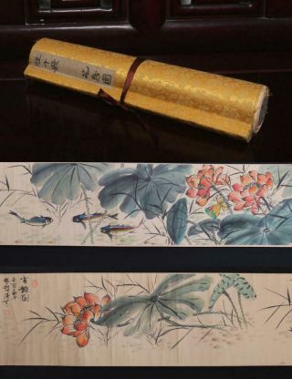 Chinese Old Cheng Shifa Scroll Painting Louts Flower And Fish 124.  02”