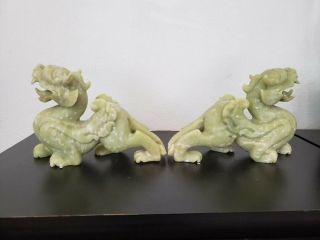 Natural green Jade Dragon Pixiu Statue Pair Length10 ' x7 