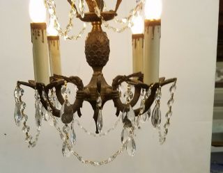 Rare Vtg Ornate Petite Brass Chandelier w/Prisms - Drip Sleeves 4 Arms 12 