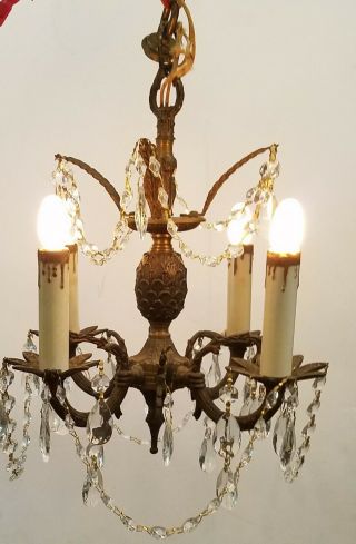 Rare Vtg Ornate Petite Brass Chandelier w/Prisms - Drip Sleeves 4 Arms 12 