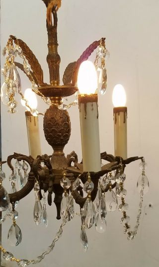 Rare Vtg Ornate Petite Brass Chandelier w/Prisms - Drip Sleeves 4 Arms 12 