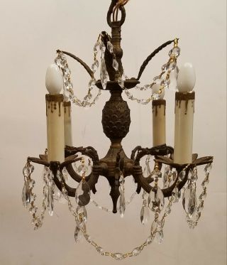 Rare Vtg Ornate Petite Brass Chandelier w/Prisms - Drip Sleeves 4 Arms 12 