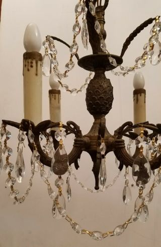 Rare Vtg Ornate Petite Brass Chandelier w/Prisms - Drip Sleeves 4 Arms 12 