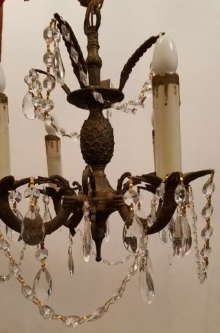 Rare Vtg Ornate Petite Brass Chandelier w/Prisms - Drip Sleeves 4 Arms 12 