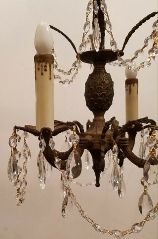 Rare Vtg Ornate Petite Brass Chandelier w/Prisms - Drip Sleeves 4 Arms 12 