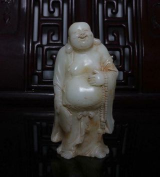 Old Fine Chinese Carved White Jade Statue Maitreya Buddha H6.  69”