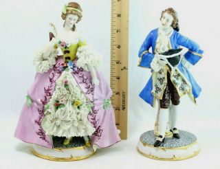 Antique 19th Century Dresden Courting Pair W/fancy Lace.  Hand - Painted.  Rococo