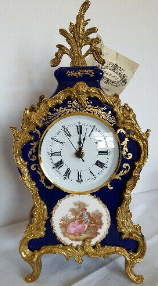 Italian Mantle Clock,  Cobalt Porcelain And Bronze