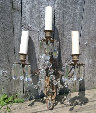 Antique Vtg Cast Brass Italian 3 Light Electric Wall Sconce,  Crystal Prisms