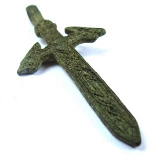 Viking Celtic Ancient Artifact Bronze Pendant Sword With Two Wolf Heads