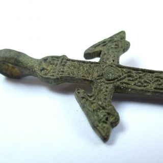 VIKING CELTIC ANCIENT ARTIFACT BRONZE PENDANT SWORD WITH TWO WOLF HEADS 2