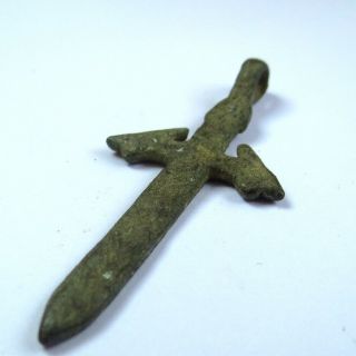 VIKING CELTIC ANCIENT ARTIFACT BRONZE PENDANT SWORD WITH TWO WOLF HEADS 4