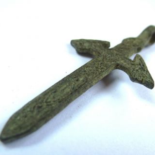 VIKING CELTIC ANCIENT ARTIFACT BRONZE PENDANT SWORD WITH TWO WOLF HEADS 8