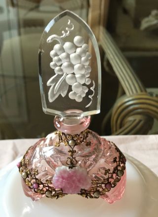 Antique Czech Pink Jeweled Perfume Bottle