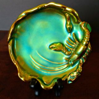 Zsolnay Russian Art Ceramics " Eosin Iridescent Glazed " Green & Gold Candy Dish.