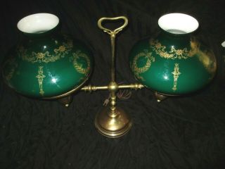 Atq Huge J E Caldwell Brass Double Arm Student Lamp W/green & Gold Tam O Shades