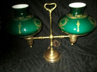 ATQ Huge J E Caldwell Brass Double Arm Student Lamp w/Green & Gold Tam O Shades 2