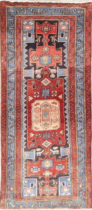 Vintage Tribal Hamedan Persian Rug Geometric Light Blue Oriental Wool Runner 3x6