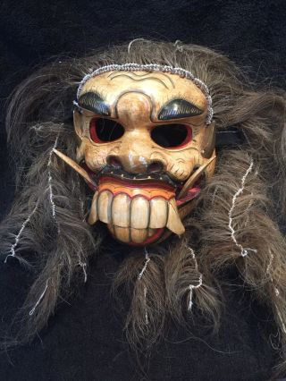 Vintage Tribal Hand Carved Wooden Balinese Demon Mask Hinged Jaw & With Hair