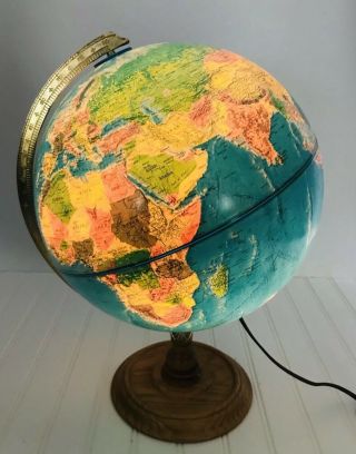 Vintage Replogle 12 " Light Up Illuminated Globe Wood Base World Horizon