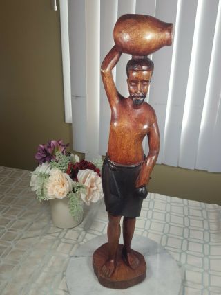 Kenya Water Carrier Men Figure African Tribe Ebony Solid Wood Carved Statue 24 "