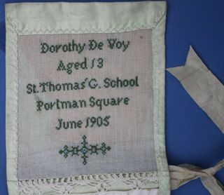RARE ANTIQUE SCHOOL SAMPLER St THOMAS G.  School by DOROTHY De VOY1905 9