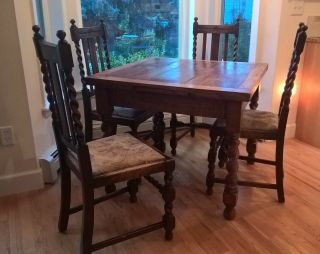 Antique Barley Twist Expandable Draw Leaf Oak Table And 4 Matching Chairs