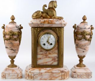 Rare French 1930 Art Deco Marble Clock Set Sphinx Egypt Putti Vases Urns Set