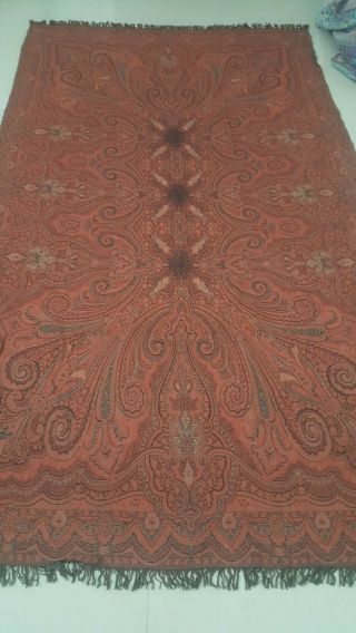 Antique French Paisley Kashmir Square Piano Shawl Wool Size 100 " X57 Doubleside
