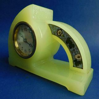 Asymmetrical Art Deco Uranium Glass Clock With Champleve Enamelled Panel