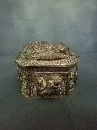 Southeast Asia Burmese Silver Repousse Covered Box With Characters