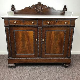 Fine Detail Carving 19th C Mahogany White Marble Top Server Sideboard