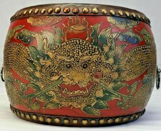 Vintage Chinese Tibetan Wood Dragon Drum Hand Painted