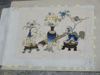 Antique Chinese Embroidered Tapestry Elephant Dog Rice Paper Silk China 1800s