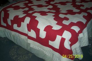 Antique Mennonite Quilt - All Handmade - 2 Color/ Red And White _drunkard 