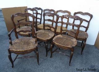 Set Eight Vintage French Country Rustic Oak Ladderback Rush Seat Dining Chairs
