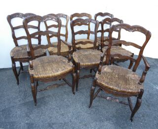 Set Eight Vintage French Country Rustic Oak Ladderback Rush Seat Dining Chairs 2