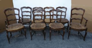 Set Eight Vintage French Country Rustic Oak Ladderback Rush Seat Dining Chairs 3
