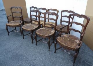 Set Eight Vintage French Country Rustic Oak Ladderback Rush Seat Dining Chairs 4