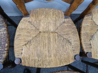 Set Eight Vintage French Country Rustic Oak Ladderback Rush Seat Dining Chairs 8