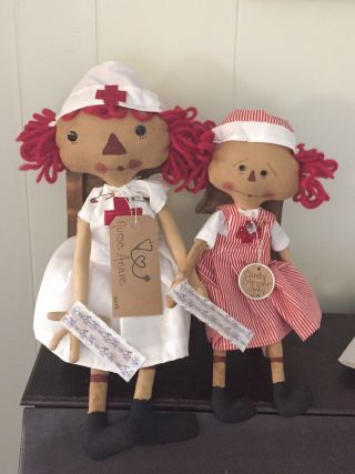 Primitive Folk Art Raggedy Ann Doll Nurse Annie/ Candy Striped Amy