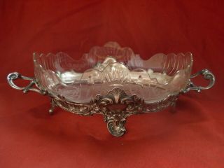 ANTIQUE FRENCH SILVERED PEWTER,  ETCHED CRYSTAL TABLE CENTER PIECE 3