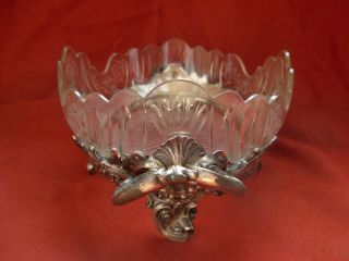 ANTIQUE FRENCH SILVERED PEWTER,  ETCHED CRYSTAL TABLE CENTER PIECE 4